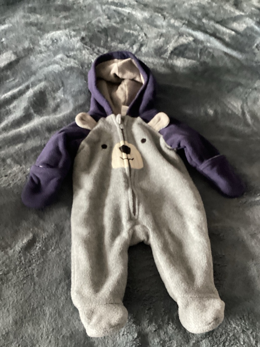 Old Navy Gray and Purple Bear Hooded Baby One-Piece Footie